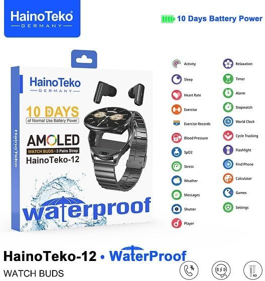HainoTeko12 Waterproof Smartwatch with Built-in Earbuds and AMOLED Display – Black - Image 3
